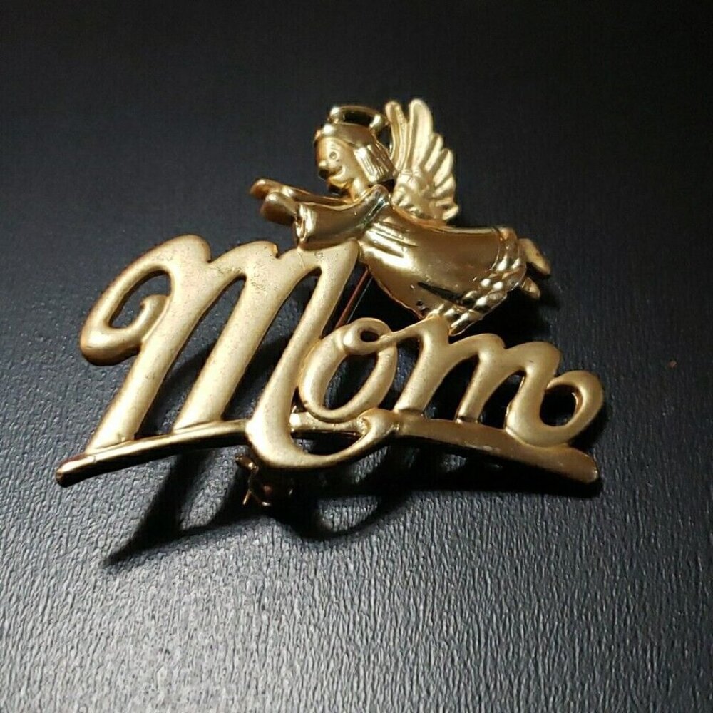Vintage Gold-Tone "Mom" Angel Brooch Pin Jewelry Gift